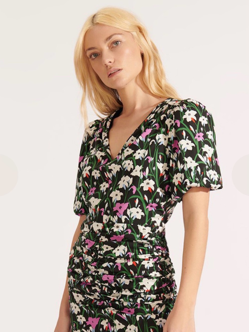 Veronica Beard Janis Ruched Skirt Floral V-Neck Ruched Puff Sleeve Sz 4